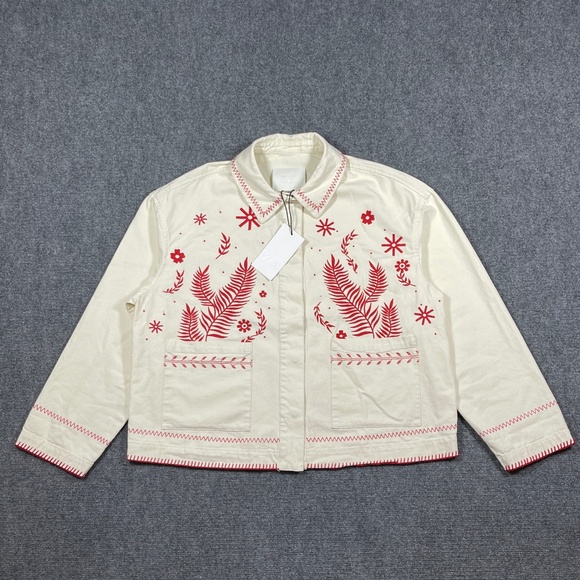 NWT ZARA Zw Collection Embroidered Overshirt Oyster White Womens Large 0402 - Picture 1 of 10